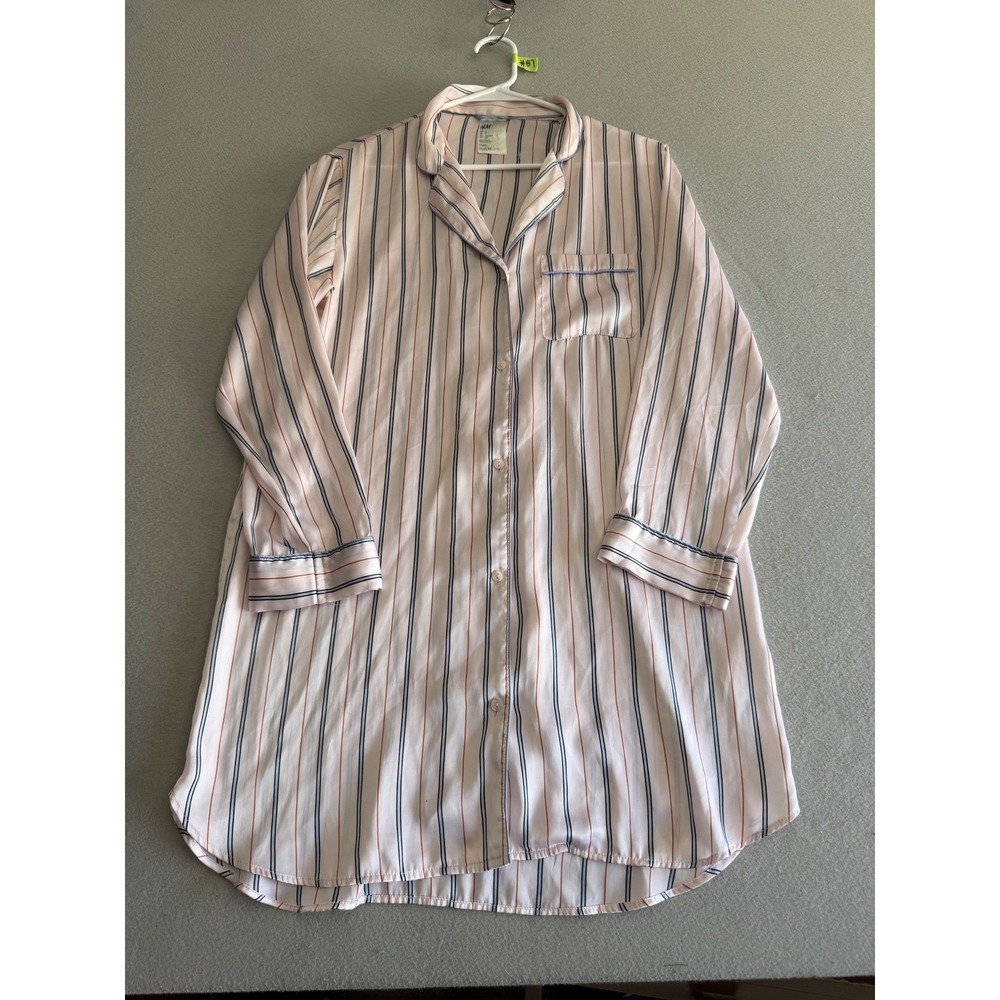 HM Pink Striped Satin Nightshirt Long Sleeve Button Down Sleep Shirt Small
